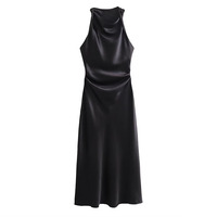Robe Midi Femme ZATRHMBM, Nouvelle Collection 2024, Texture Soie Satinée, Rétro Noire Sans Manches