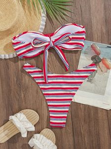 New Summer Women's Sexy Fashion Striped Contrasting Strapless Strapless <strong>Zip</strong> <strong>up</strong> Backless Split Bikini <strong>Swimsuit</strong> - Product Image 5