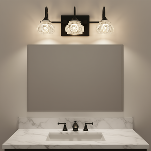 Luminaire de salle de bain rétro à 3 lumières, fixation murale, finition noire, abat-jour en verre cristal, lumière LED blanc chaud, lampe de miroir - Product Image 2