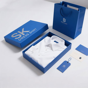 Boîte à couvercle et base rigides en <span class=keywords><strong>carton</strong></span> bleu avec logo de marque personnalisé, sac en papier et étiquette pour l'emballage de cadeaux, parfums, chemises, vêtements - Product Image 1