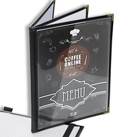 Menu de café en format A4, couverture plate, 3 pages, 6 vues, reliure cousue de haute qualité en PU+PVC de Yimi