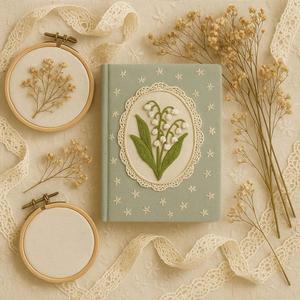 Cuaderno A5 de Tela Verde con Bordado de Lirio de los Valles, Ribete de Encaje, Diseño Floral Vintage, Páginas Rayadas Cosidas, Ideal para Regalo o Escritura - Product Image 6