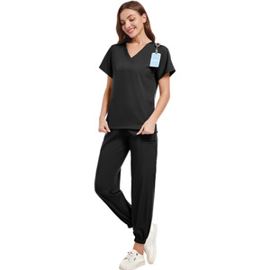 Navy Blue Scrub Suit Short Sleeve Lightweight Moisture Wicking Split Set For Medical Work Uniform In Stock - Product Image 2