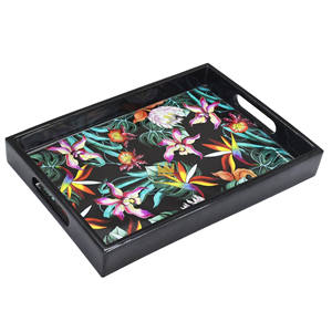Plateau de service rectangulaire décoratif portable en laque artisanale écologique, motif paradis tropical avec fleurs exotiques vives, Vietnam - Product Image 1