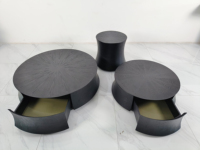 Juego de mesa de centro de 3 piezas redonda negra de madera natural moderna con cajón