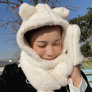 Ensemble chapeau, écharpe et gants en peluche, 3 pièces, cache-cou chaud d'hiver pour femmes et hommes, kaki, blanc, beige, fibre acrylique - Product Image 3