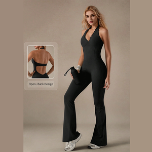 <span class=keywords><strong>Traje</strong></span> de <span class=keywords><strong>yoga</strong></span> de una pieza con cuello en V de encaje para <span class=keywords><strong>mujer</strong></span>, a la moda, con levantamiento de cadera y ajuste de cintura, pantalones de una pieza con cuello halter - Product Image 6