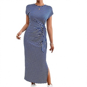 Blue White Striped Maxi <b>Dress</b> Short <b>Sleeve</b> Bodycon <b>Dress</b> Side Knot Slip <b>Dress</b> for <b>Summer</b> Casual Wear - Product Image 4