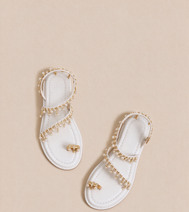 Sandales romaines à bout ouvert pour femmes, ornées de strass dorés brillants, avec pompon en perles marron, sandales de plage féériques d'été, confortables à porter - Product Image 1
