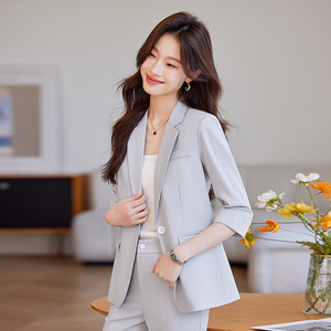 Women's Grey Summer Thin Suit Jacket Petite Style 2025 New High End Professional Work Suit Set Breathable Polyester Fabric - Product Image 1