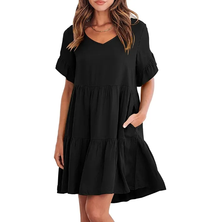 New Women's Casual Cotton Short -sleeved V -neck Wrinkles Summer Dress 2024