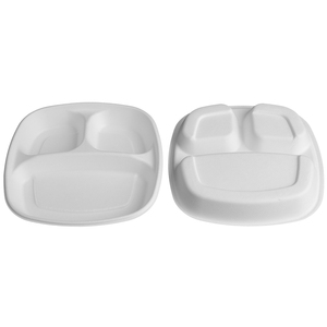 Assiette carrée à 3 compartiments en bagasse, barquette alimentaire compartimentée compostable et biodégradable pour cantine scolaire, vente en gros pour la restauration à emporter - Product Image 2