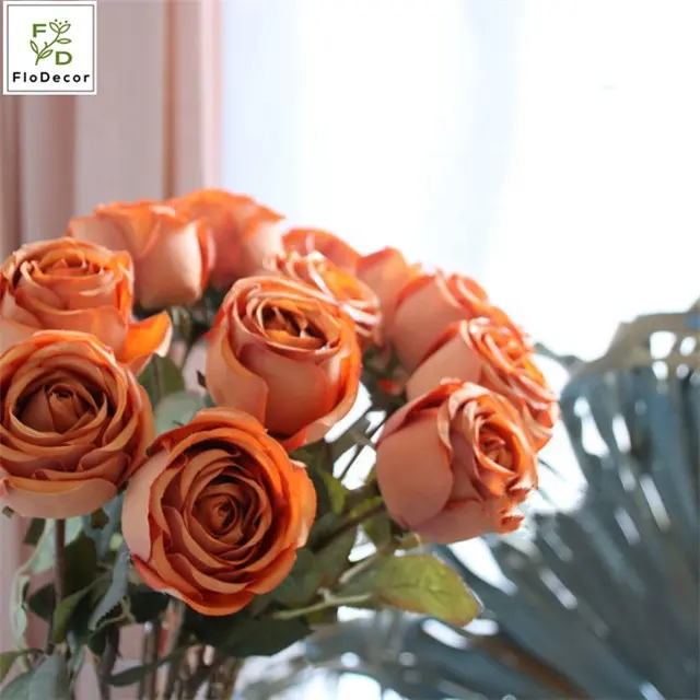 Großhandel Hot Sale Long Single Stem Kunstseide Stoff Rose Blumen für Hochzeits dekoration Burnt Orange Austin