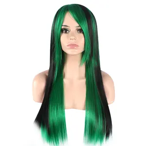 New Fashion Long Straight Hair Wig Synthetic Straight Colored Wig Human Hair Black Ombre Blue Green Wigs with Bangs Dyed