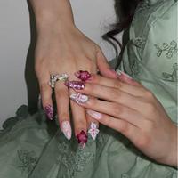 Ongles à presser en acrylique 3D gaufrés, motif fleur de pomme de pin, perle, goutte d'eau, dégradé, forme amande, options de logo personnalisables