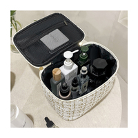 Boîte cosmétique tissée sur mesure en gros, fabriquée en usine, avec fil doré, étui de toilette à double fermeture éclair et poignée supérieure pour coiffeuse