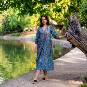 Floral & Plaid Digital Printing V-Neck Midi Dress <b>Three</b> Quarter Sleeve Loose Fit Handmade ODM Casual Daily Summer Washable - Product Image 1
