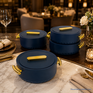 Juego de 3 cacerolas de acero inoxidable <span class=keywords><strong>Cendal</strong></span> con aislamiento, mango dorado, olla azul para calentar alimentos, ideal para buffet de hotel y catering. - Product Image 2
