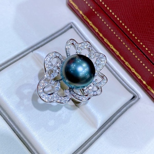 Bague élégante et luxueuse en argent pur avec perle naturelle ronde vert paon de 11 à 12 mm, presque sans défaut, cadeau parfait - Product Image 3