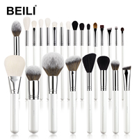 BEILI personnalisé 24 pièces ensemble d'outils de maquillage pinceaux de maquillage blancs Tube d'argent synthétiques plats et cheveux naturels pinceaux pour le visage et les yeux