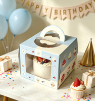 Boîte à gâteau rigide écologique portable avec fenêtre transparente, gaufrage personnalisé de dessins animés, logo quadricolore, emballage alimentaire, boîte à dessert