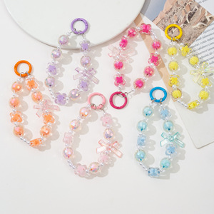 Porte-clés Kawaii en perles acryliques AB, dragonne anti-perte pour téléphone, avec nœud mignon et fleur, cordon de poignet coloré pour filles - Product Image 1