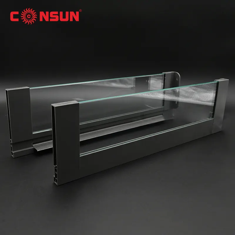 CONSUN ขายส่งเฟอร์นิเจอร์ห้องครัวฮาร์ดแวร์กล่องลิ้นชักบางระบบลิ้นชักกระจกปิดแบบนุ่ม