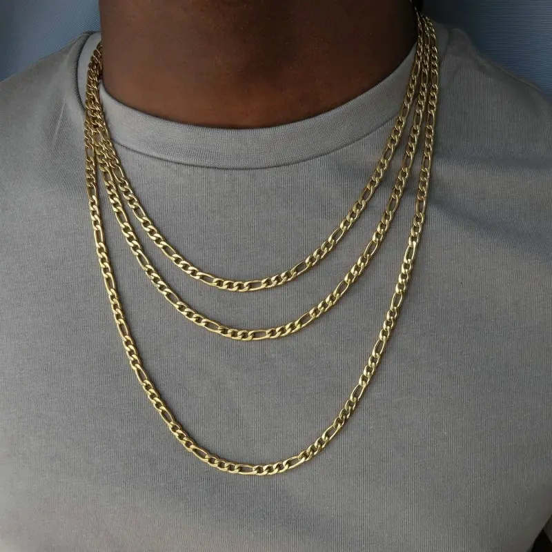 Custom 18k Gold Plated Stainless Steel Welded Thin Nk Titanium Steel Cuban Link Chains 3 in 1 Figaro Men Necklace