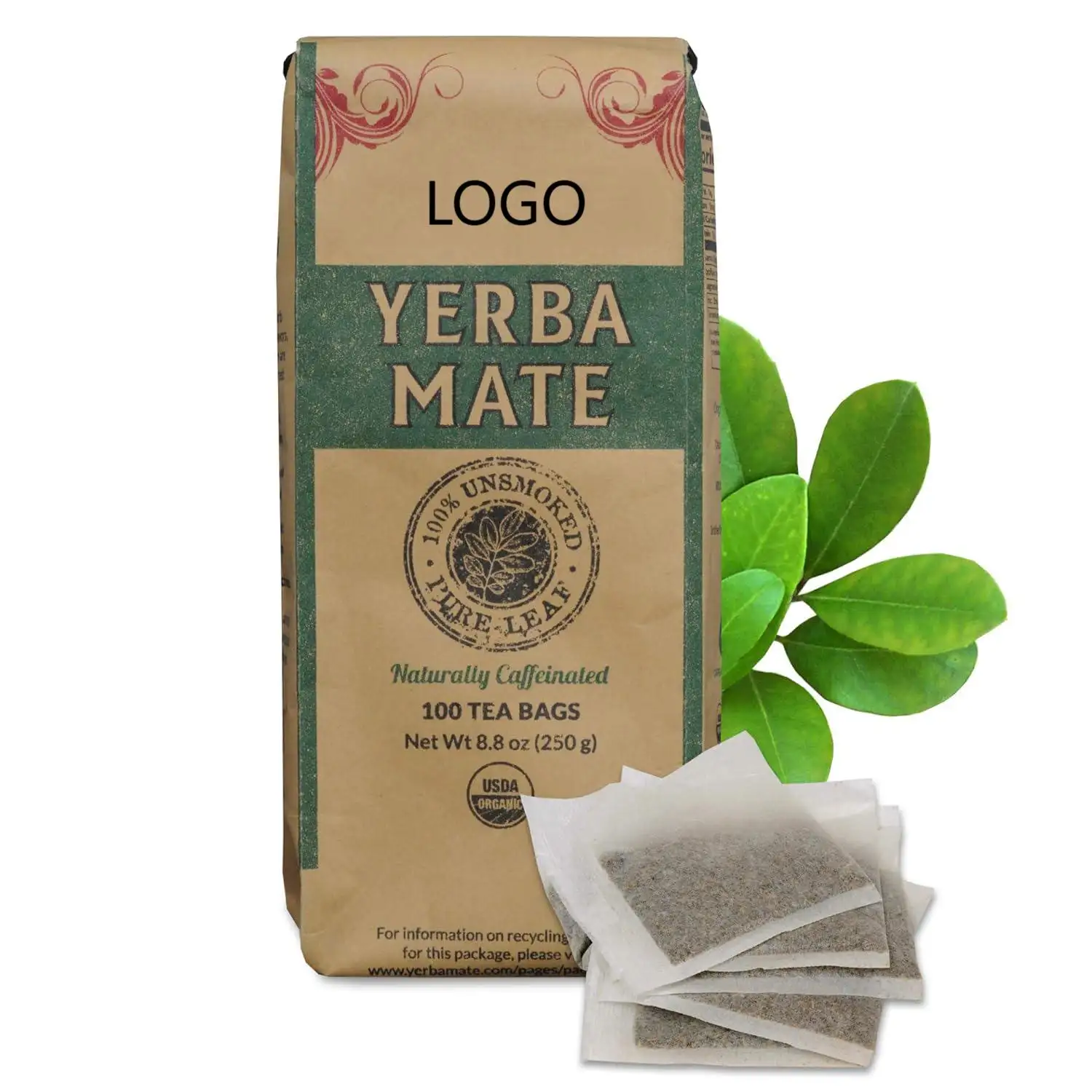 Chá de erva-mate, 100 saquinhos de chá, desintoxicante, não geneticamente modificado, sem glúten contém cafeína