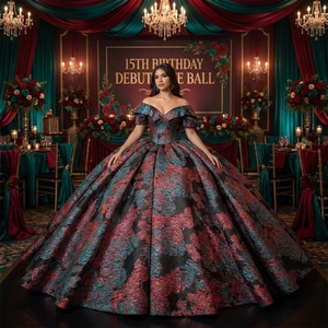 Robe de bal en brocart métallique Dy1537, magnifique robe de Quinceañera en jacquard plissé gris anthracite, rose doré et vert sarcelle, Jancember - Product Image 1