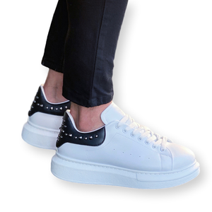 Sneakers da <span class=keywords><strong>Uomo</strong></span> con Suola Alta e Borchie in Bianco e Nero, <span class=keywords><strong>Scarpe</strong></span> Casual Urban Streetwear Fatte a Mano, Sneakers Premium <span class=keywords><strong>Offerta</strong></span> All'Ingrosso 2023 - Product Image 2