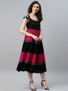 Women's Solid Woven Rayon Tiered Midi <b>Dress</b> Natural Waist U Neck Sleeveless Summer Wear One Piece Casual Party Western - Product Image 5