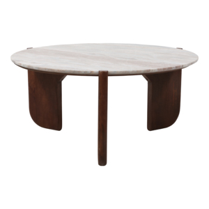 Tavolino da Caffè Rotondo Moderno con Base in Legno di Mango e Piano in Marmo, Arredamento per Soggiorno e Uso in Patio - Product Image 3