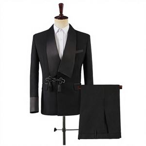 Elegante Traje Formal Negro Ajustado de Poliéster que Combina a la Perfección la Confección Occidental con Elementos de Diseño Oriental, Cierre de un Solo Botón - Product Image 3