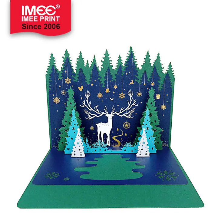 IMEE Commercio All'ingrosso Su Ordinazione Di Natale 3D Pop Up Carta di Albero Di Natale Verde e Alce Gift Card di Auguri