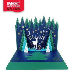 IMEE Wholesale Custom Christmas 3D Pop Up Card Green Christmas TreeとElk Greeting Gift Card