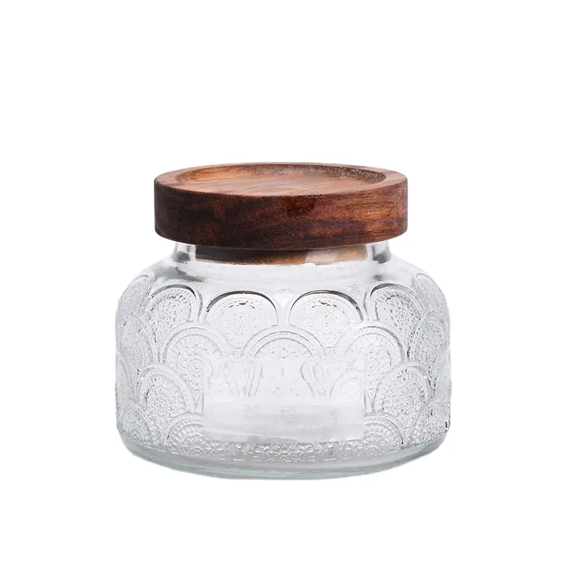 wholesale kitchen and home food storage jar empty transparent glass food jar with wooden lid with good design