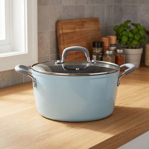 Modern Round Enamel Casserole <b>Pot</b> with Glass <b>Lid</b> and stainless steel bottom - Product Image 4