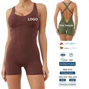 Été Femmes Sexy Strappy Backless Short Jumpsuit Workout Bodysuit With Pad Gym Romper Sportswear Fitness One Piece Yoga Bodycon