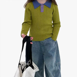 เสื้อโปโลเด็กสไตล์เกาหลีทรงเข้ารูปสีสันตัดกัน คอลเลคชั่นฤดูใบไม้ร่วงปี 2026 เสื้อไหมพรมเด็กผู้หญิงแฟชั่น - Product Image 2