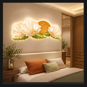 Decoración de Pared LED con Flor de Magnolia Blanca y Naranja, Arte Botánico Horizontal con Luz para Sofá, Comedor, Hotel, Interiores de Salón - Product Image 5