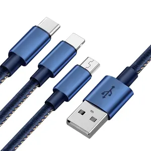 Pengisi daya ponsel pintar, kualitas tinggi nilon jalinan pengisi daya Cepat 3 in 1 Usb mikro Tipe C 8pin kabel untuk ponsel pintar