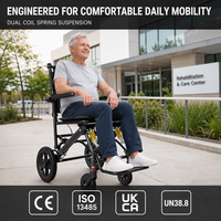 Fauteuil roulant manuel pliable personnalisé en usine avec cadre en alliage d'aluminium, double ressort hélicoïdal, roues avant de 6 pouces et roues alvéolées de 12 pouces