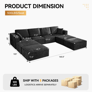 Sofá Cama Modular Extra Grande de 4 Plazas con Otomana, Sin Ensamblaje, Sofás de Pana con Chaise Longue - Product Image 2