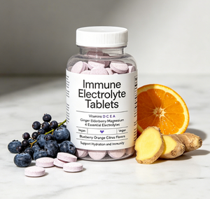 Tabletas de Electrolitos Inmunitarios con Vitaminas D, C, E, A, Jengibre, Baya del Saúco, Magnesio y 4 Electrolitos Esenciales Veganos, Sabor Arándano y Naranja - Product Image 1