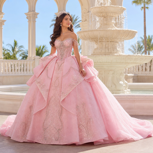 261107 Princess Shoulder Lace Sweetheart Neck Pink Rhinestone <b>Crystal</b> Ball Gown Party Quinceanera <b>Dress</b> Bow Beading Appliques - Product Image 1
