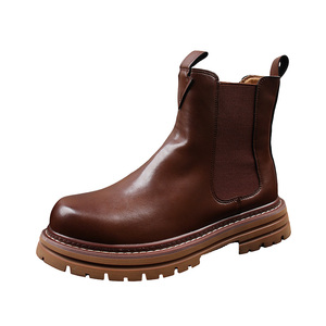 Bottes <span class=keywords><strong>Chelsea</strong></span> pour hommes en cuir véritable, bout rond, semelle épaisse, bottes courtes, semelle extérieure en caoutchouc, fermeture à enfiler, style simple, automne - Product Image 5