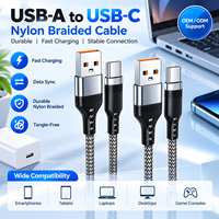 Kabel USB 2.0 Aluminium Perak dengan Jalinan Nilon, Pengisian Cepat 6A, USB Tipe A ke C Male, Kabel Charger untuk Laptop Smartphone
