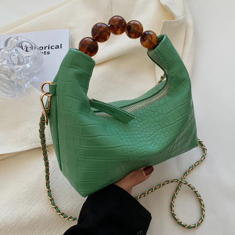 Elegant Beaded Handle Handbag for Women Pu Leather Shoud Bag Small Fashion Golden Chain Women's Crossbody Messenger Bags Green