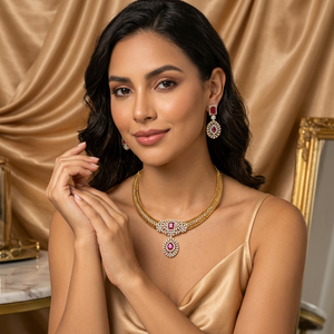 Luxury Brass Gold Plated American Diamond Choker <b>Necklace</b> Set Elegant CZ <b>Ruby</b> Pendant Jewelry Set With Matching Earrings - Product Image 1